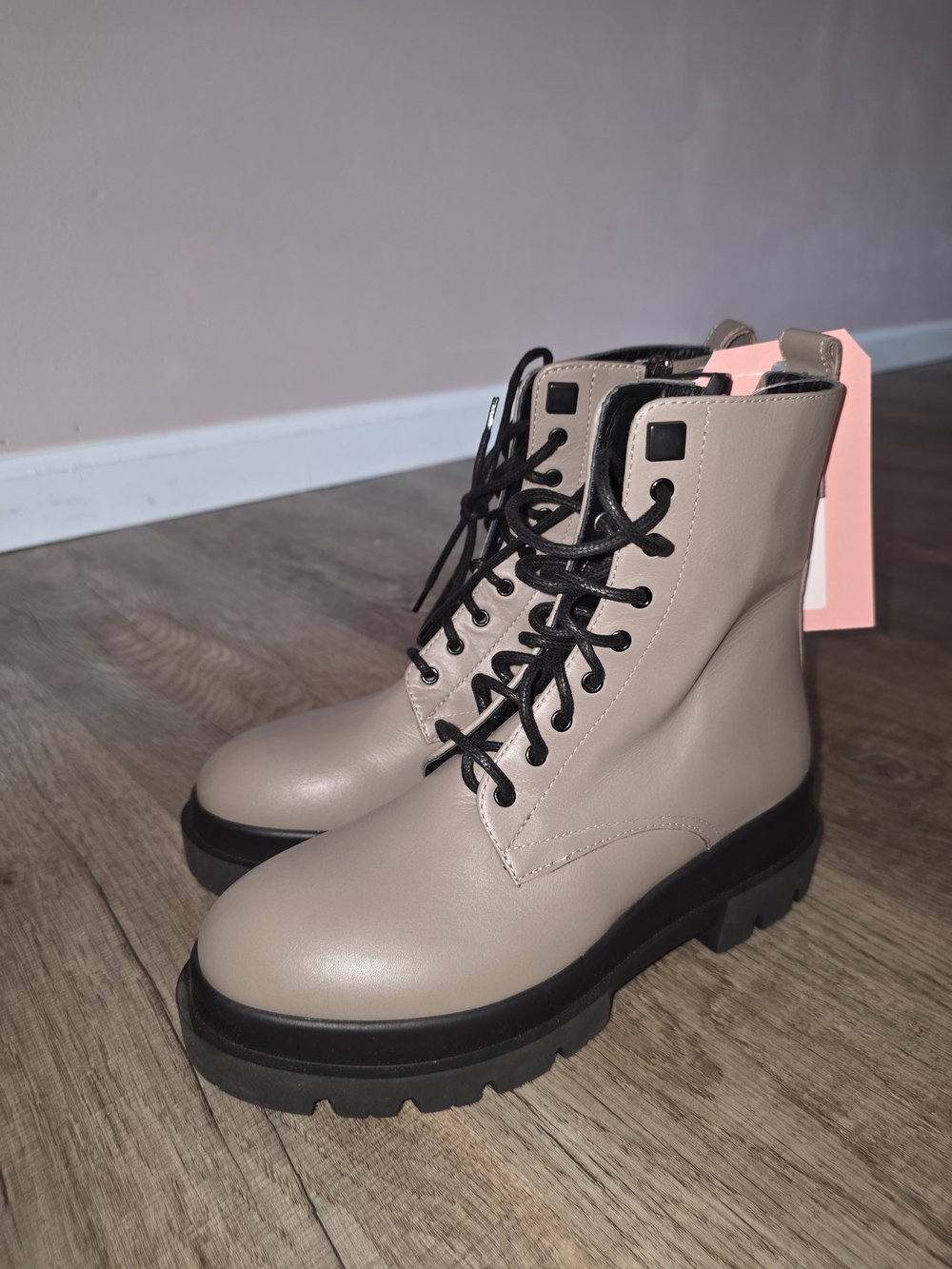 La CANADIENNE Taupe Leather Lace-Up Boots with Black Sole